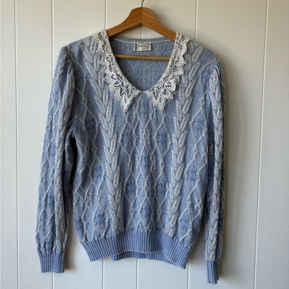 Blue Cable Knit Sweater with Lace Collar - Picture 2 of 7